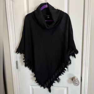 Alfani Women’s Cowl Neck Black Faux Fur Trim Diamond Open Sleeve Poncho Small